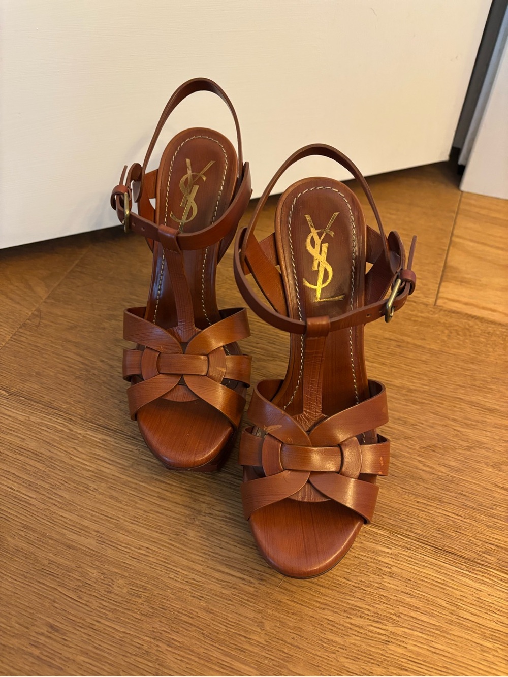 Yves Saint Laurent Tan Leather T-Strap Sandal in Brown - Picture 3 of 9
